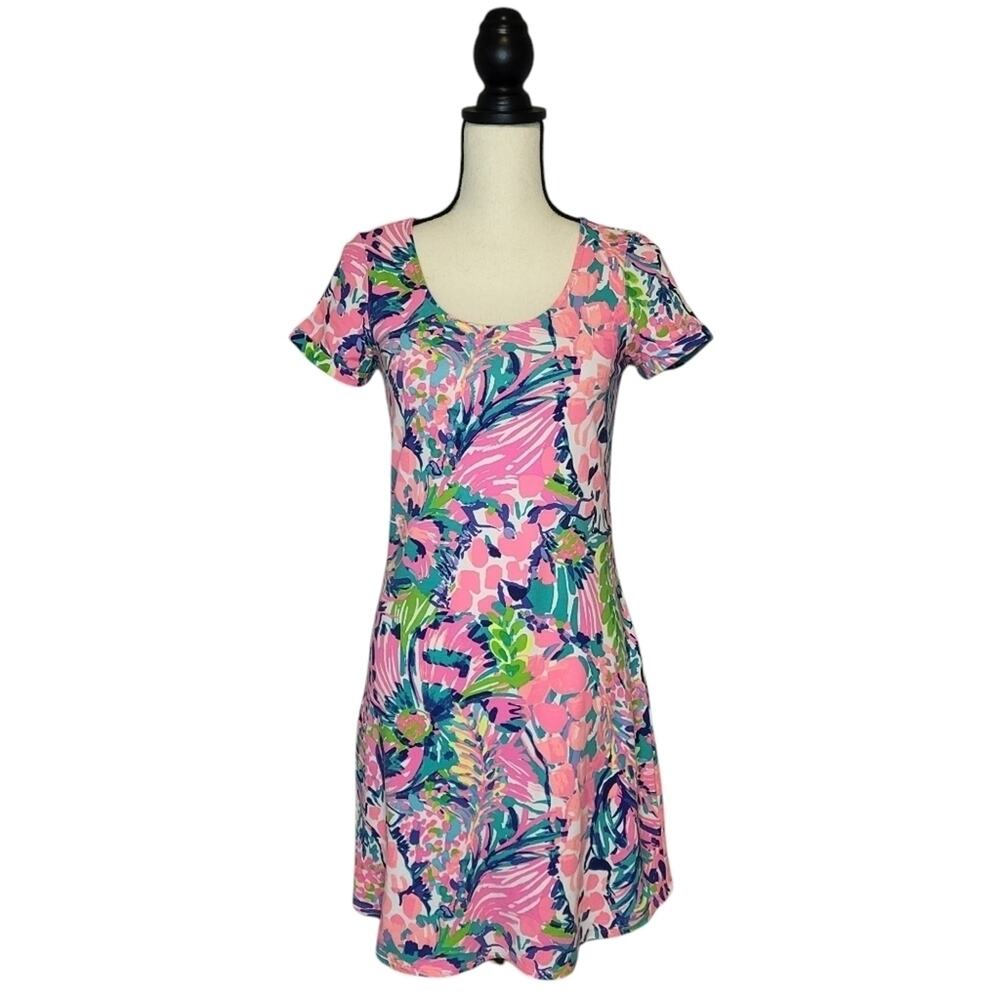 Lilly Pulitzer Tammy Dress Gumbo Limbo Multi Pink Green T-Shirt Scoop Neck Sz XS